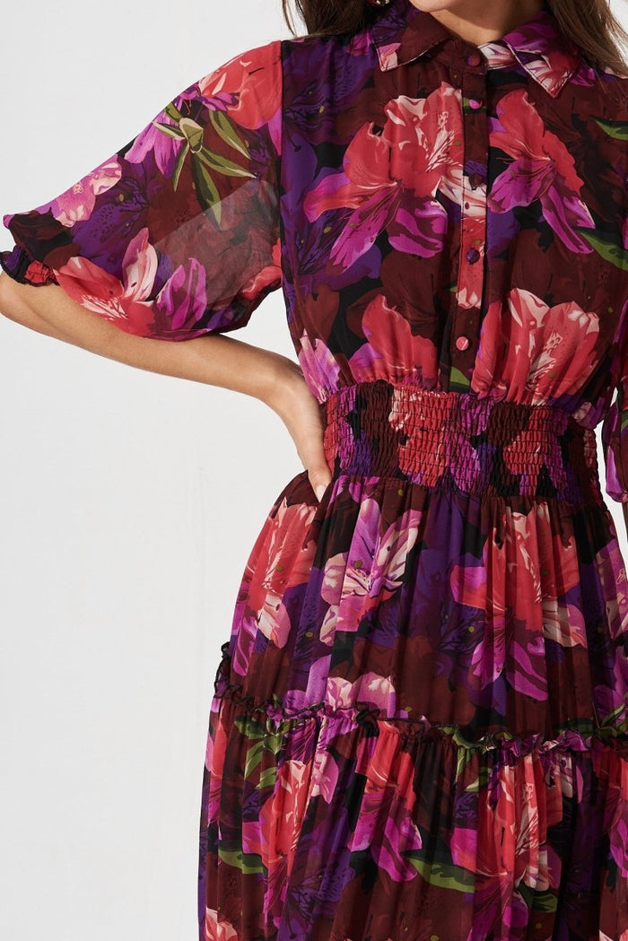 Brittney Maxi Dress In Black With Purple Floral Chiffon - St Frock (Dev)