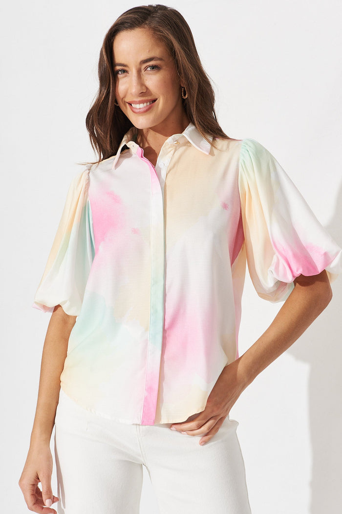 Aeryn Shirt In White With Multi Watercolour - front