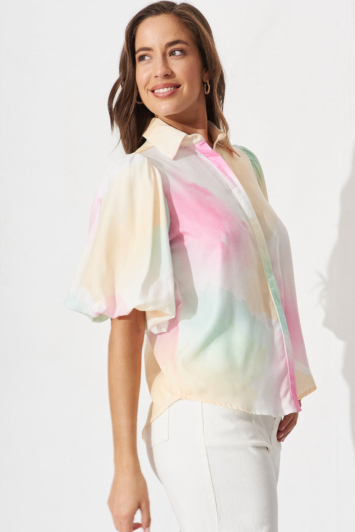 Aeryn Shirt In White With Multi Watercolour - side