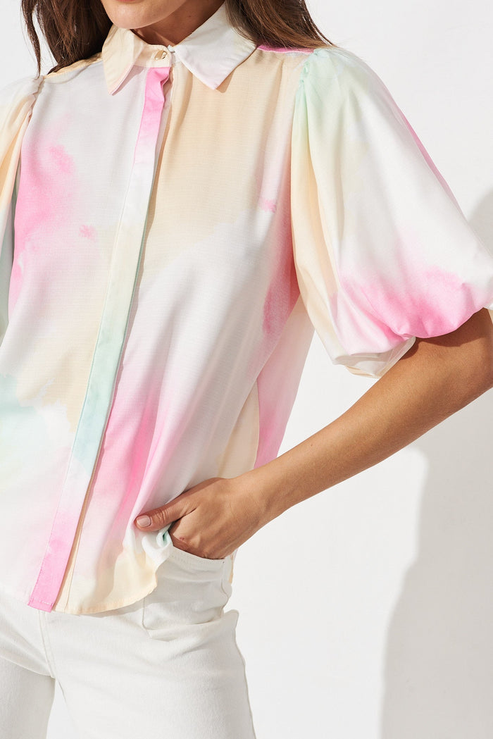 Aeryn Shirt In White With Multi Watercolour - detail