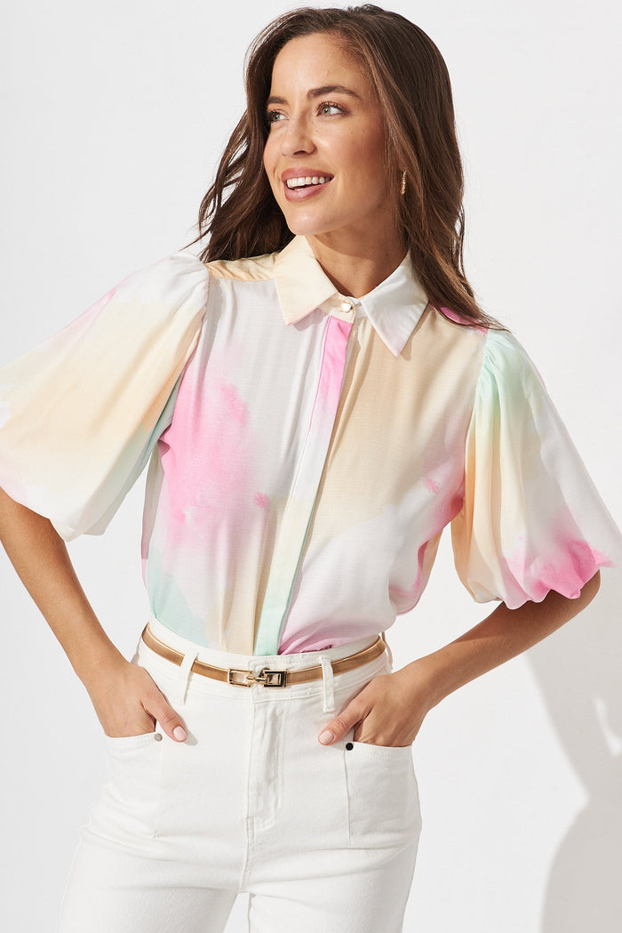 Aeryn Shirt In White With Multi Watercolour - front