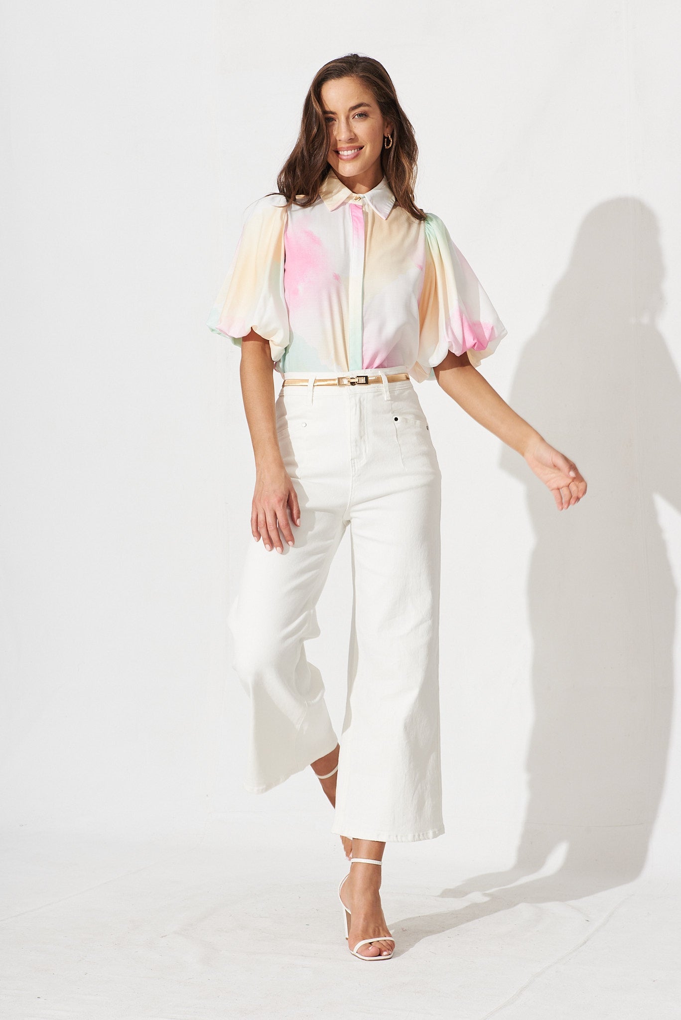 Aeryn Shirt In White With Multi Watercolour - full length