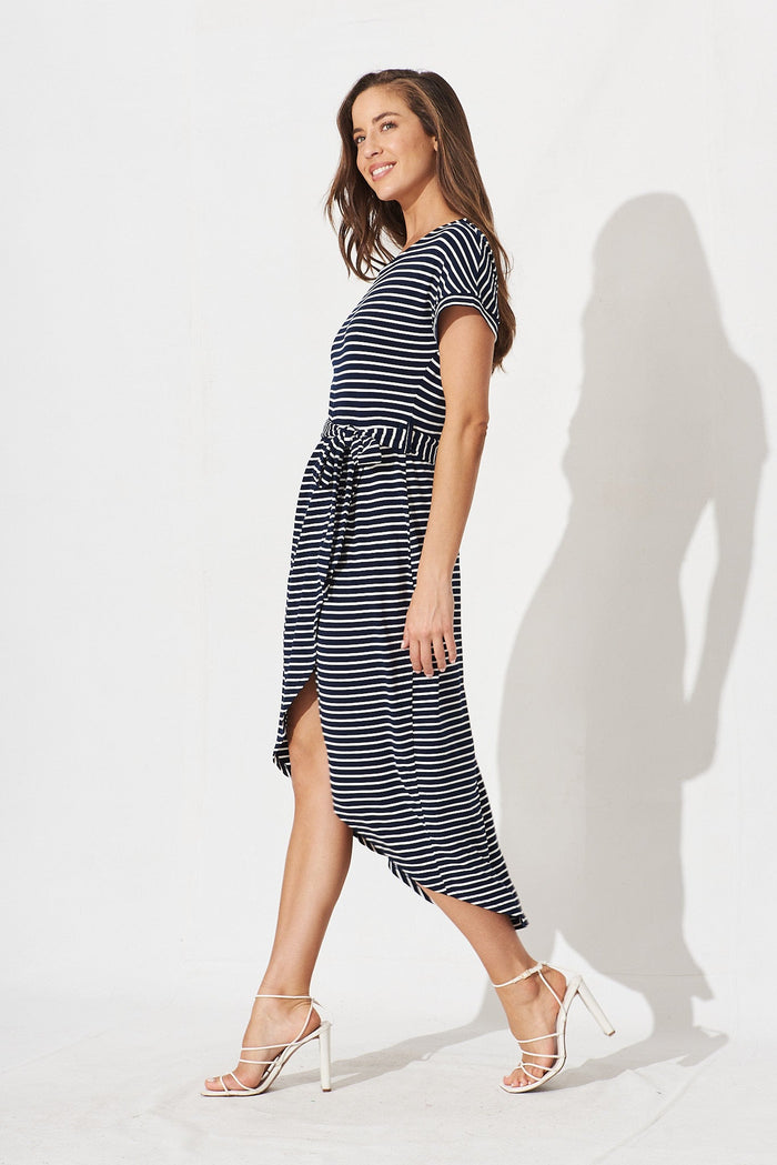 Compton Midi Dress In Navy With White Stripe - side