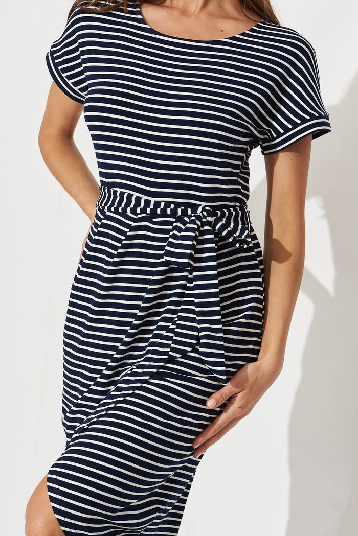 Compton Midi Dress In Navy With White Stripe - detail
