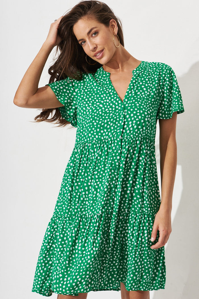 Shelby Shirt Dress In Green With White Speckle - front