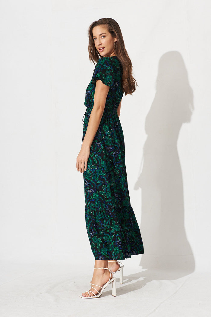 Ingra Maxi Dress In Emerald With Green And Blue Floral - side