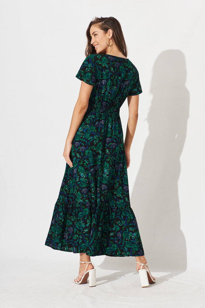Ingra Maxi Dress In Emerald With Green And Blue Floral - back