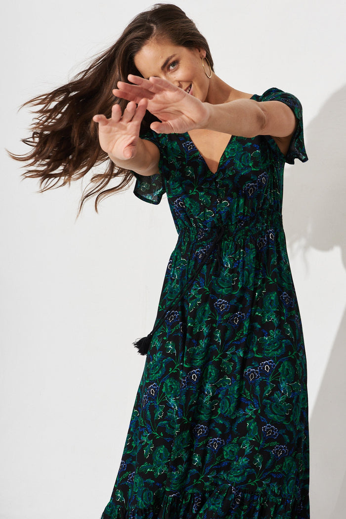 Ingra Maxi Dress In Emerald With Green And Blue Floral - front
