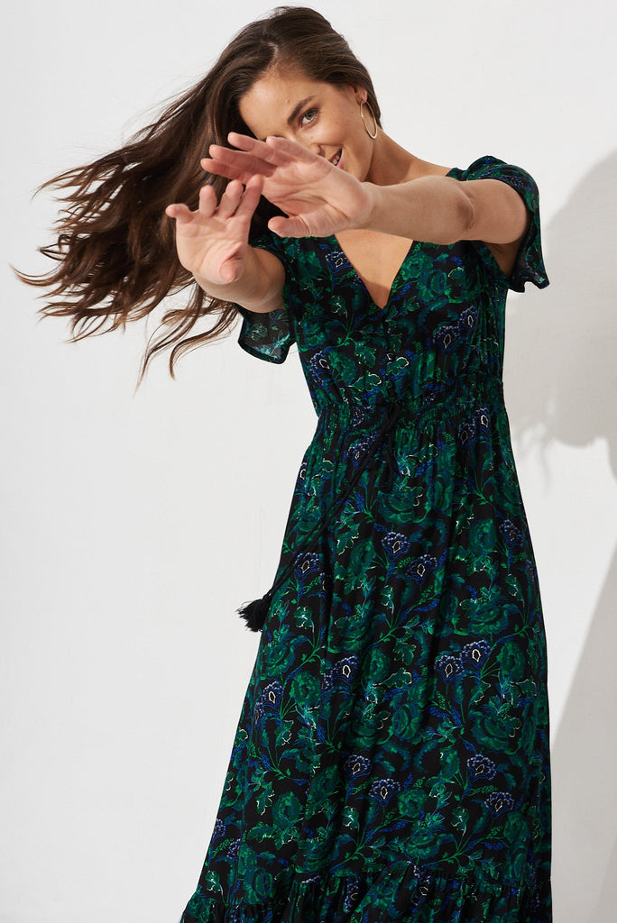Ingra Maxi Dress In Emerald With Green And Blue Floral - front