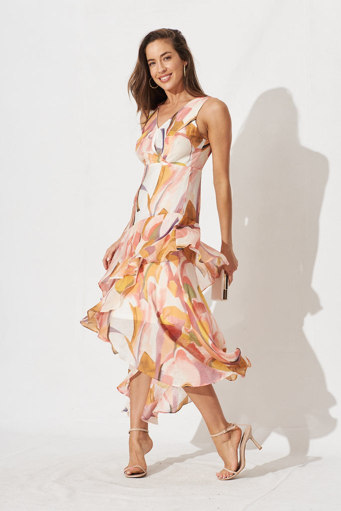 Momentous Dress In White With Multi Orange Floral - full length