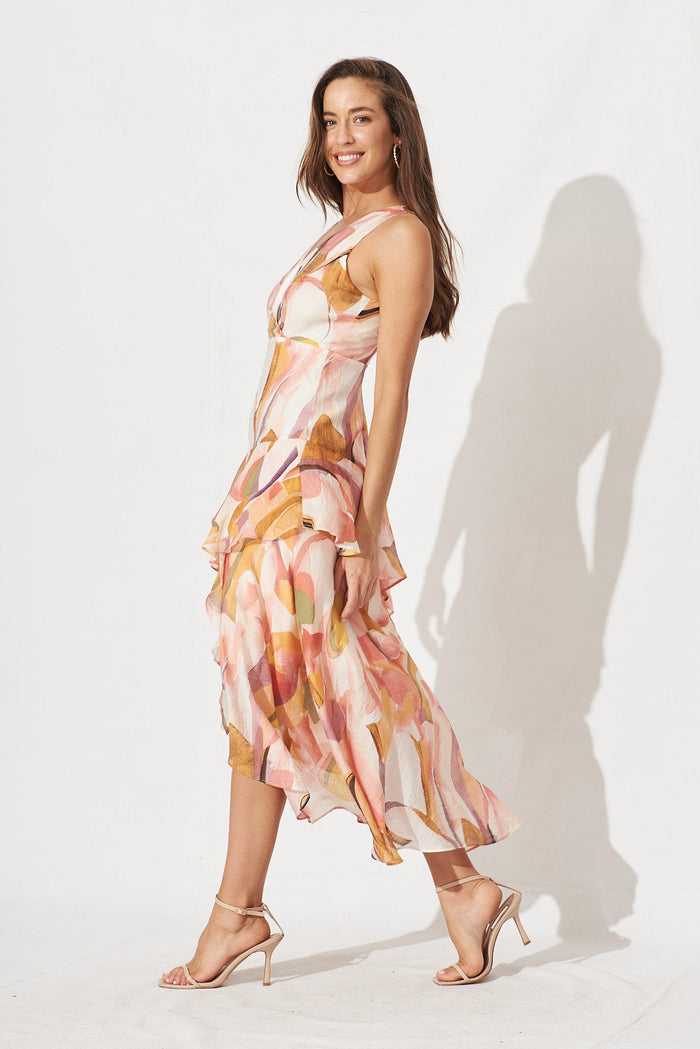 Momentous Dress In White With Multi Orange Floral - side