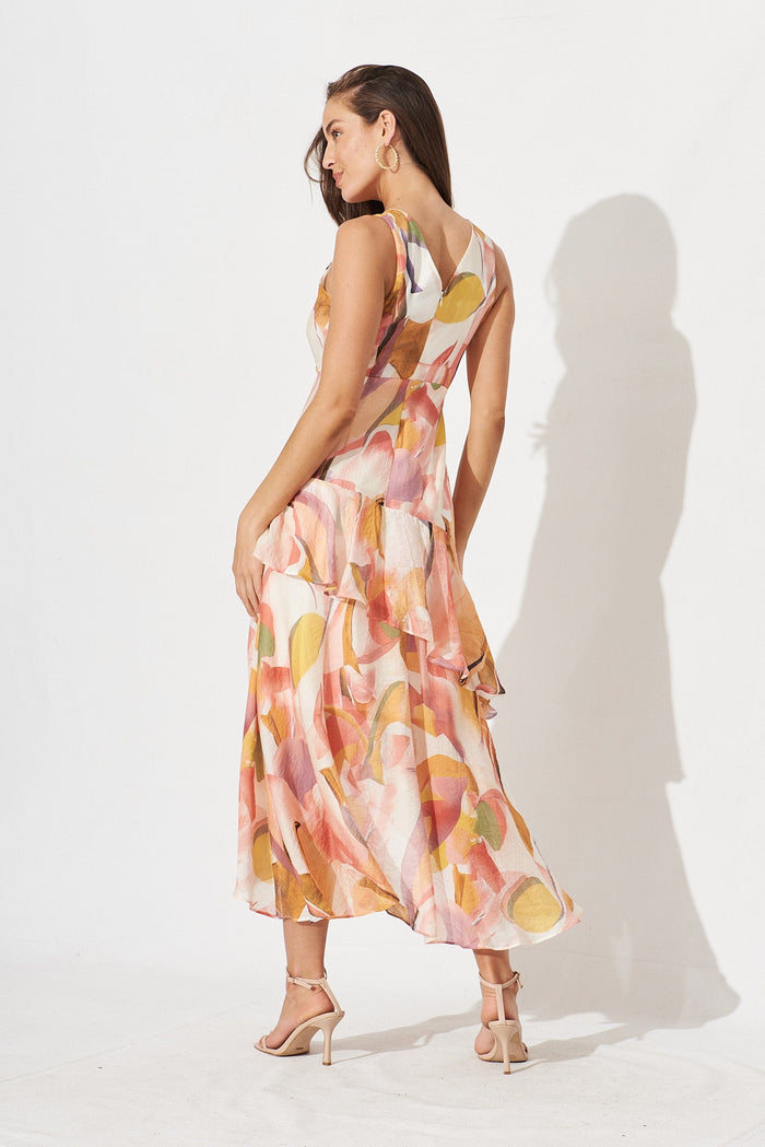 Momentous Dress In White With Multi Orange Floral - back