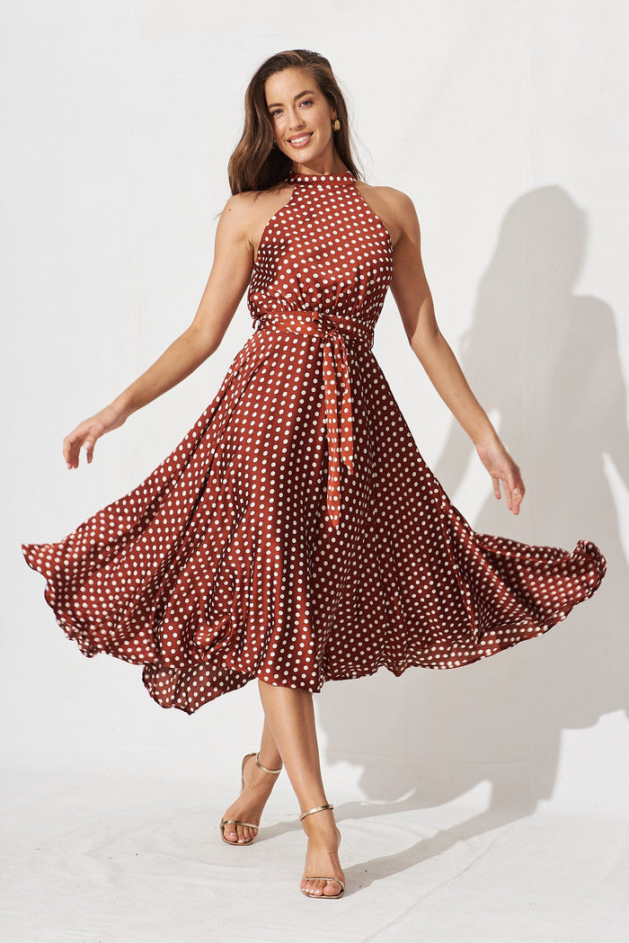 Nadia Midi Dress In Rust Spot Satin - full length