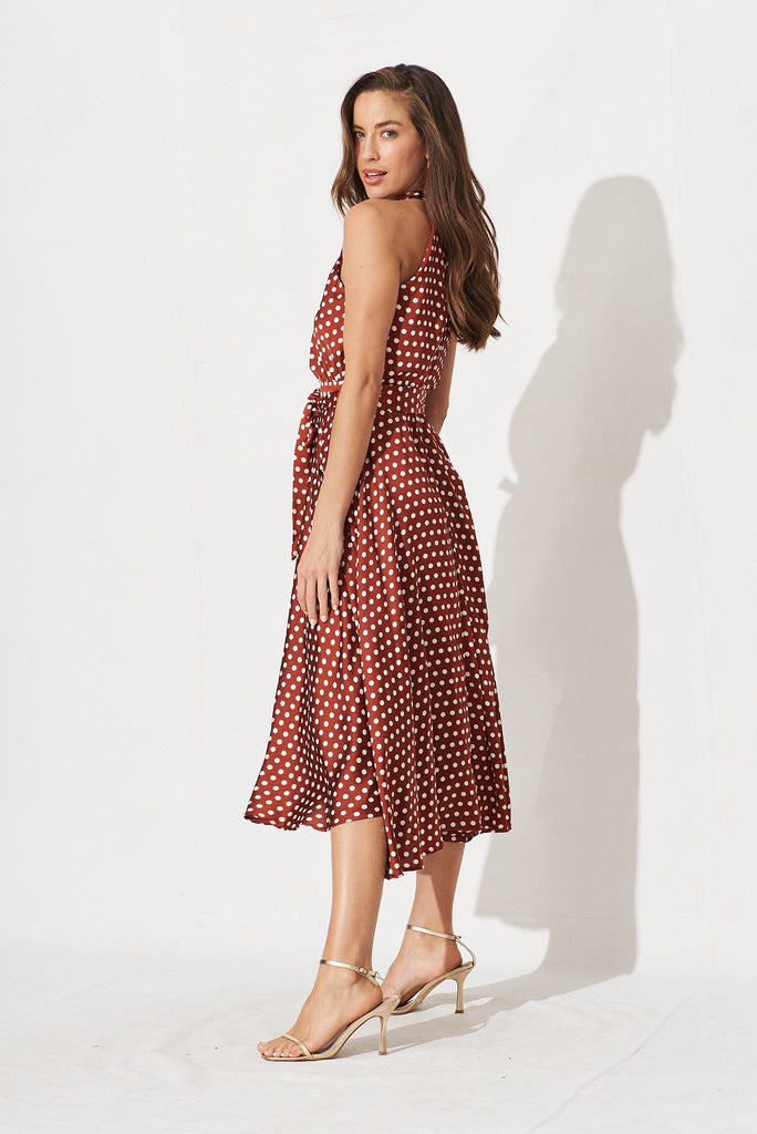 Nadia Midi Dress In Rust Spot Satin - side