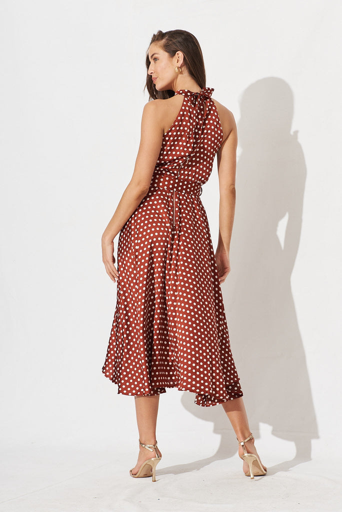 Nadia Midi Dress In Rust Spot Satin - back