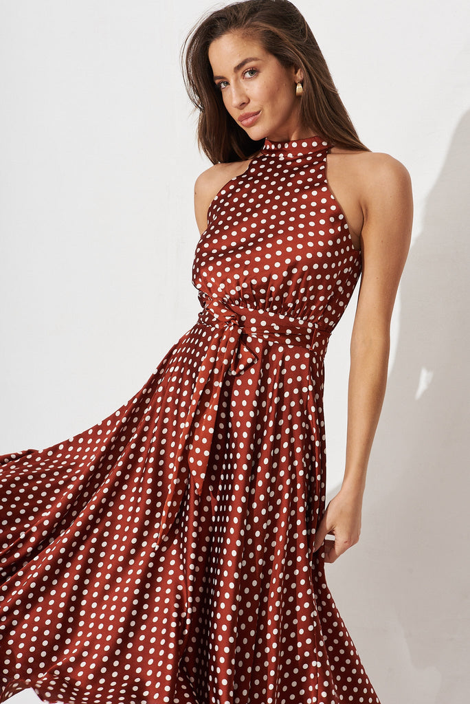Nadia Midi Dress In Rust Spot Satin - front