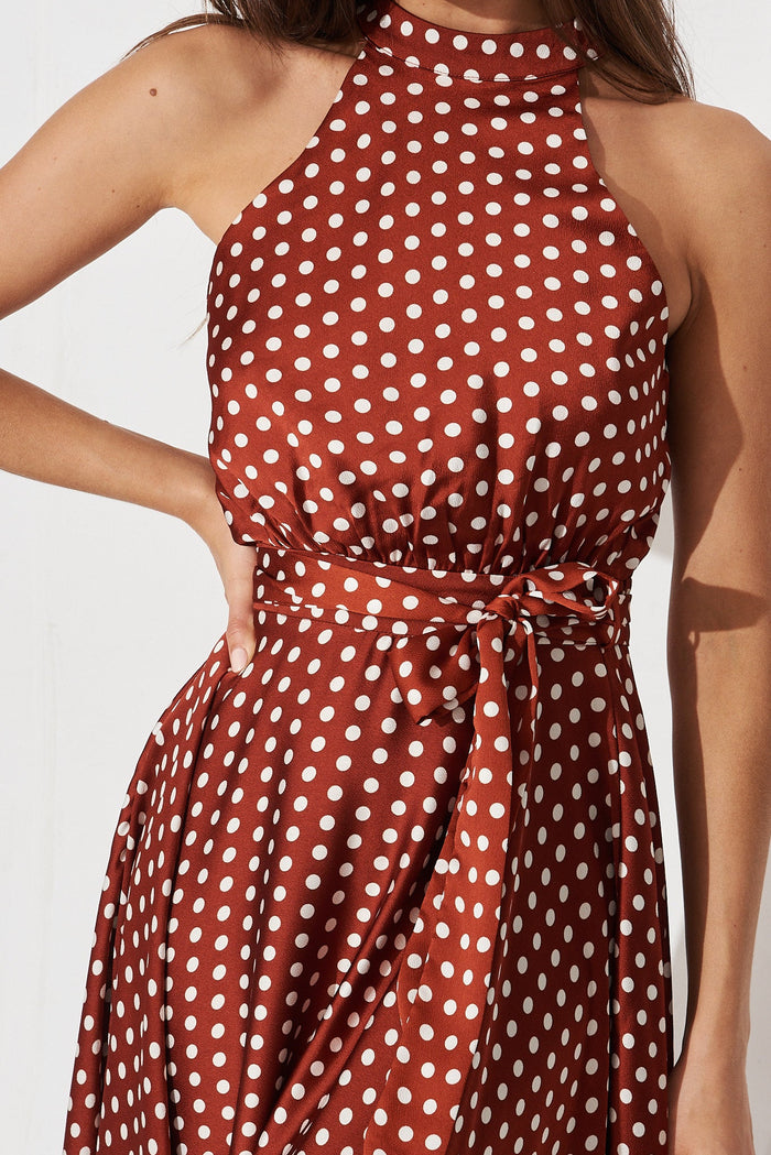 Nadia Midi Dress In Rust Spot Satin - detail