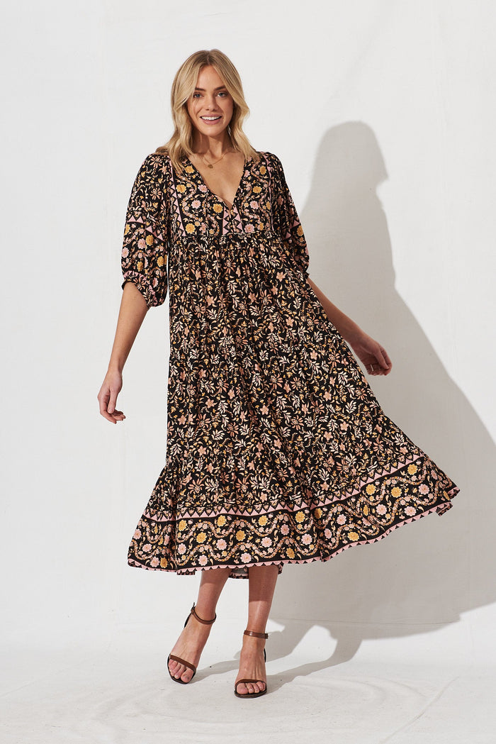 Estela Maxi Dress In Black With Blush Multi Boho Floral - full length