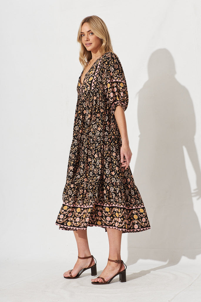 Estela Maxi Dress In Black With Blush Multi Boho Floral - side