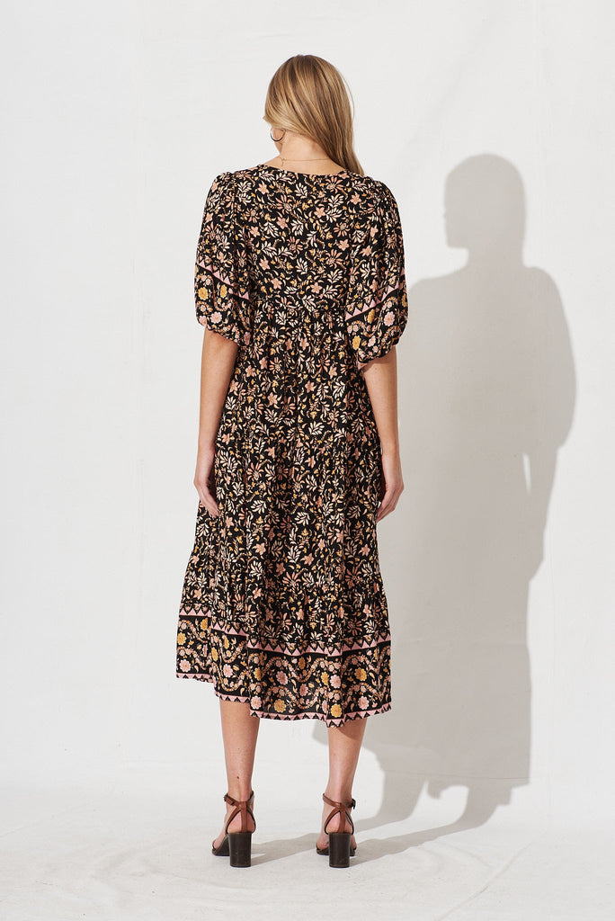 Estela Maxi Dress In Black With Blush Multi Boho Floral - back