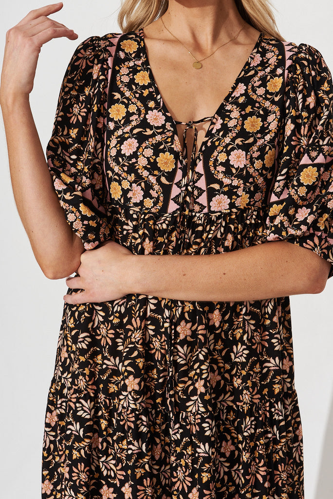 Estela Maxi Dress In Black With Blush Multi Boho Floral - detail