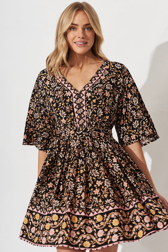 Evana Midi Dress In Black With Blush Multi Boho Floral - front