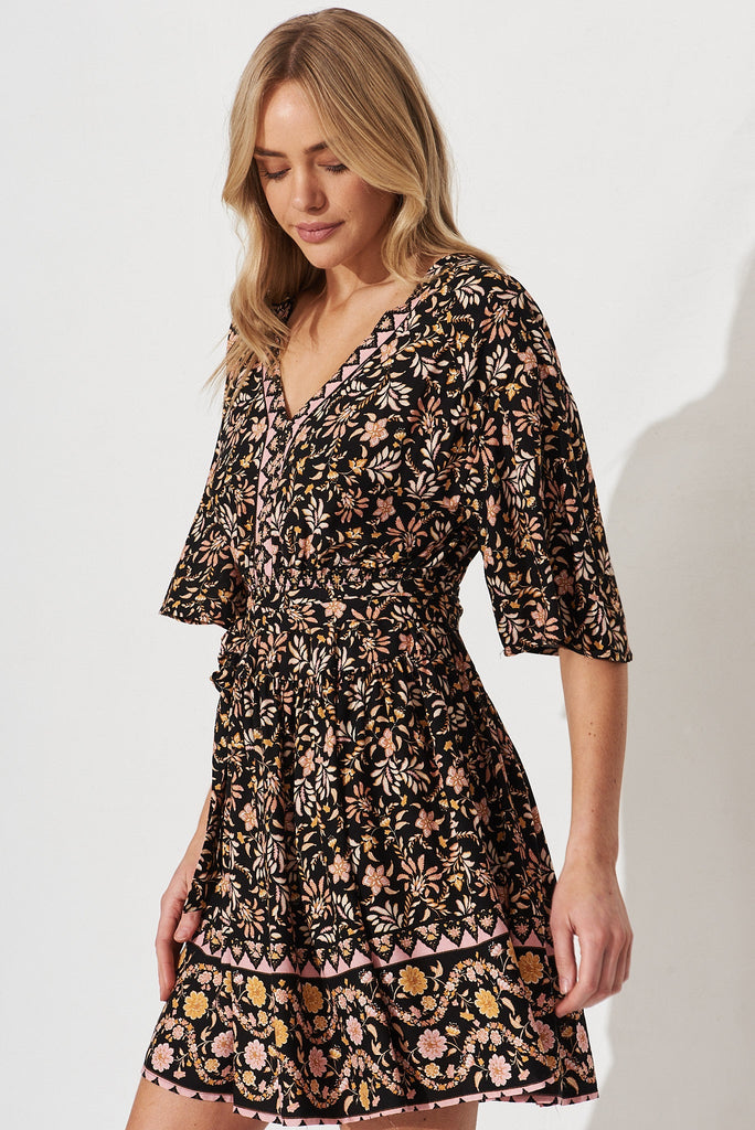 Evana Midi Dress In Black With Blush Multi Boho Floral - side
