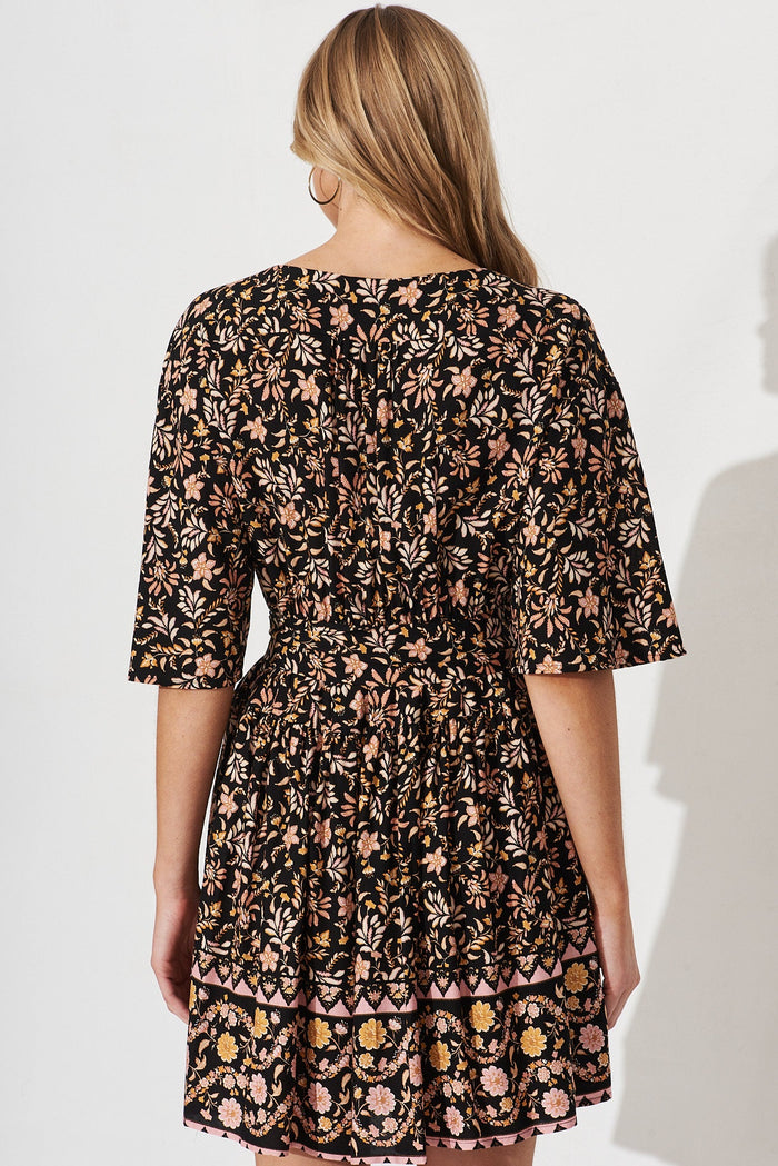 Evana Midi Dress In Black With Blush Multi Boho Floral - back