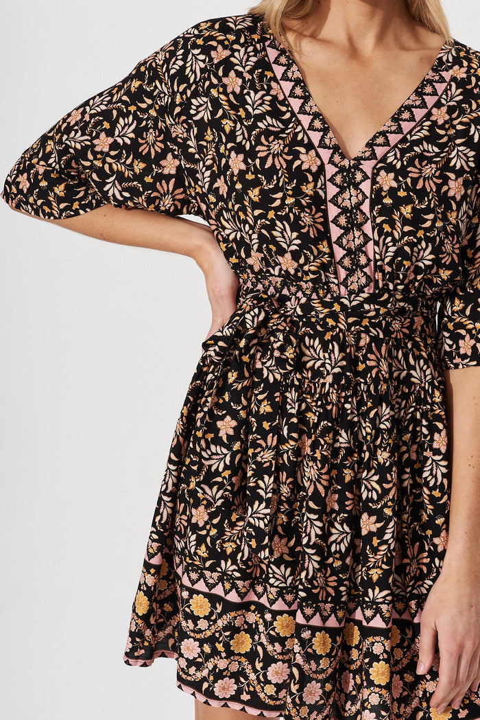 Evana Midi Dress In Black With Blush Multi Boho Floral - detail