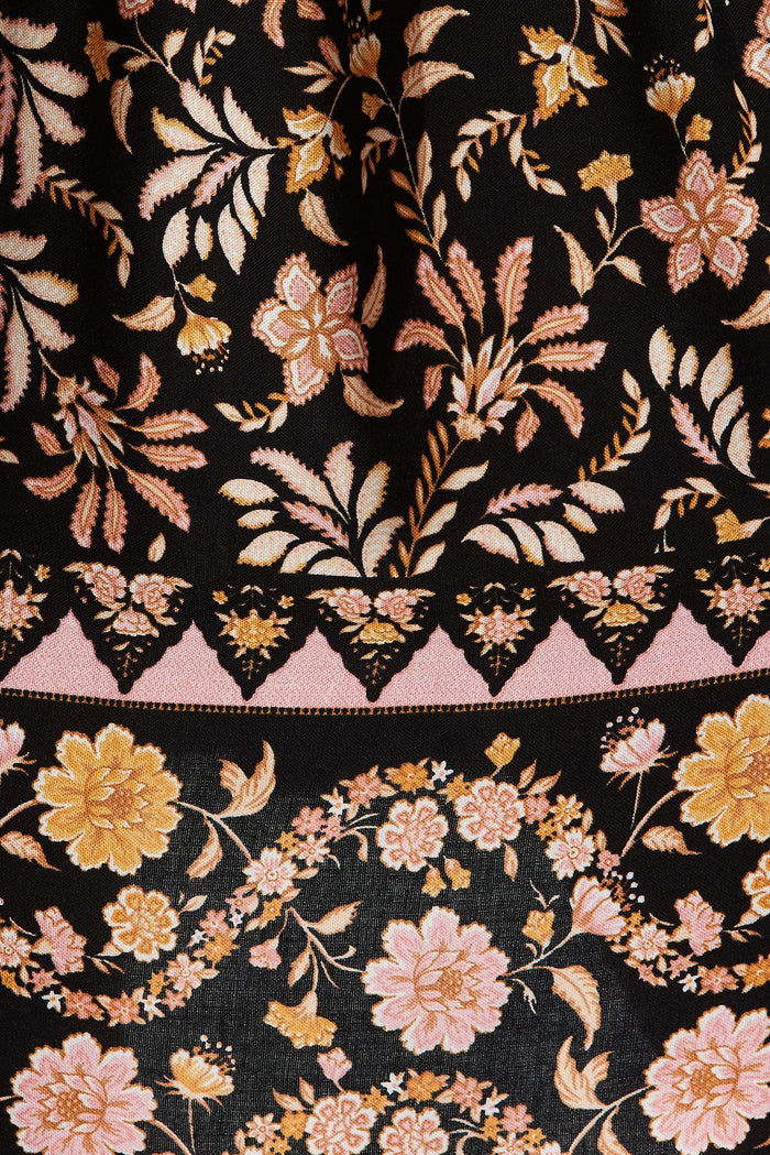 Evana Midi Dress In Black With Blush Multi Boho Floral - fabric