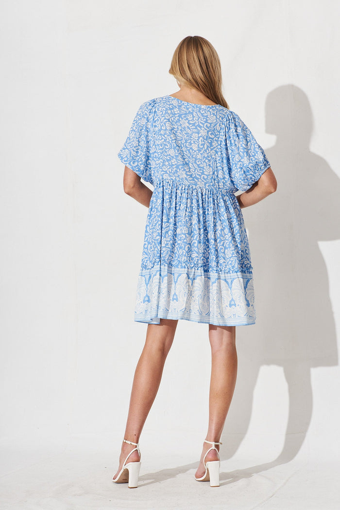 Edeline Dress In White With Blue Boho Floral - back
