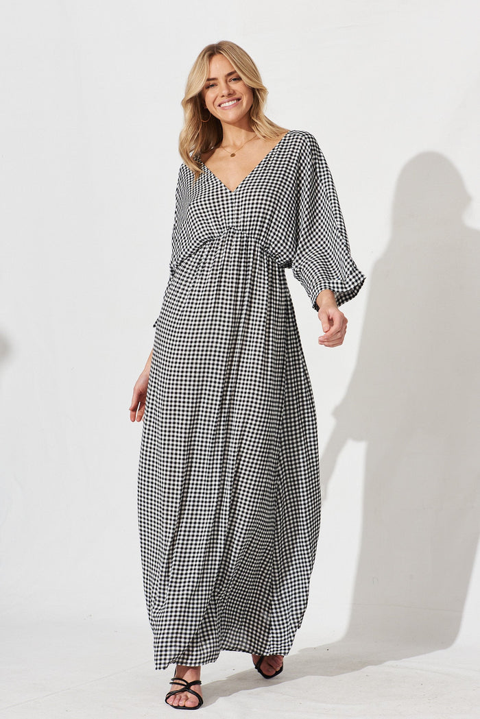Kristyn Kimono Maxi Dress In Gingham - full length