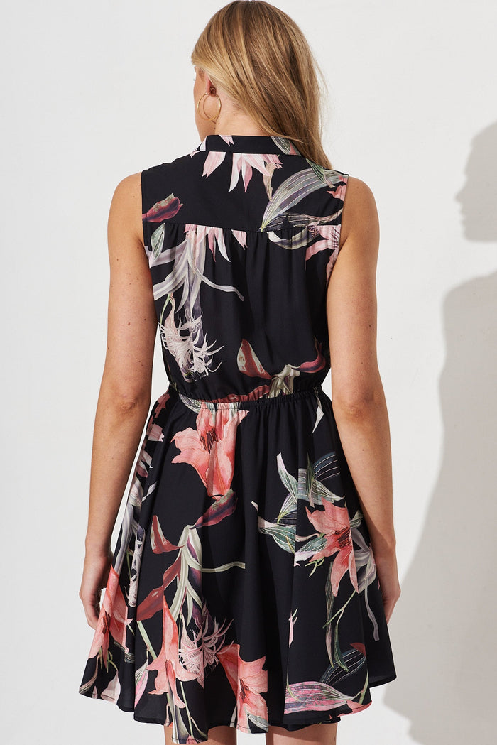 Danica Dress In Black With Pink Tigerlily Floral - back