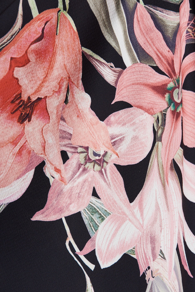 Danica Dress In Black With Pink Tigerlily Floral - fabric