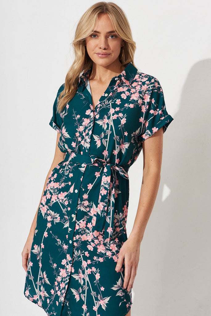 Maddison Shirt Dress In Teal With Pink Cherry Blossom - front