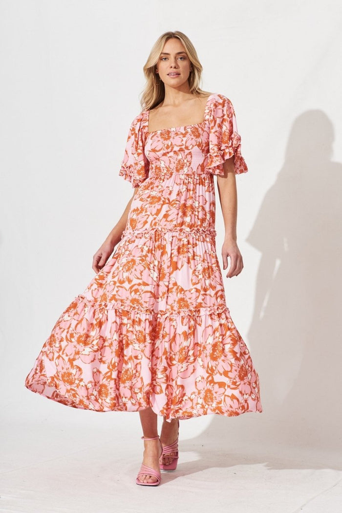 Casia Maxi Dress In Pink With Red Floral - St Frock (Dev)