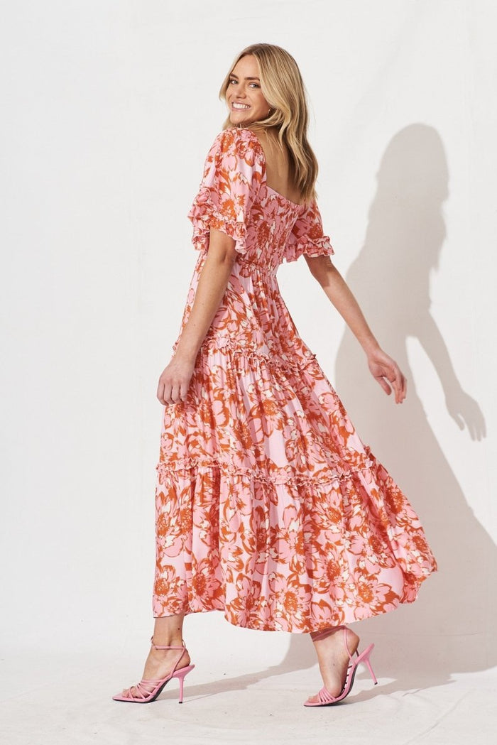 Casia Maxi Dress In Pink With Red Floral - St Frock (Dev)