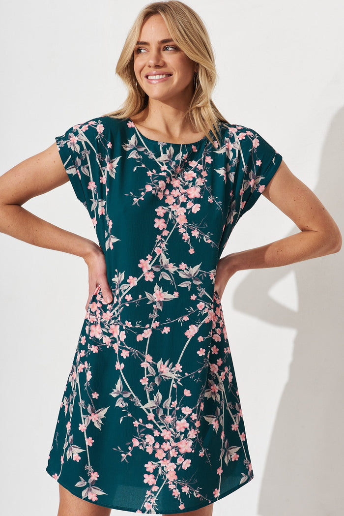 Paradise Shift Dress In Emerald With Blush Cherry Blossom - front