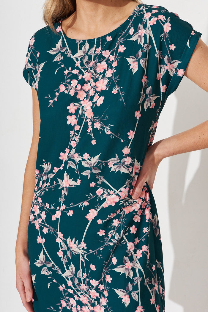 Paradise Shift Dress In Emerald With Blush Cherry Blossom - detail