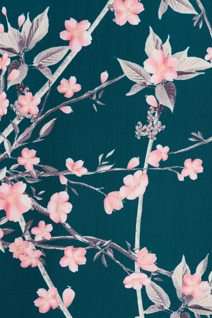 Paradise Shift Dress In Emerald With Blush Cherry Blossom - fabric