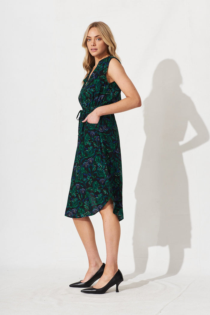 Shire Zip Dress In Emerald With Green And Blue Floral - side