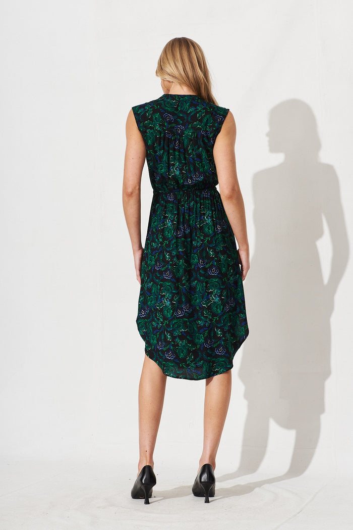 Shire Zip Dress In Emerald With Green And Blue Floral - back
