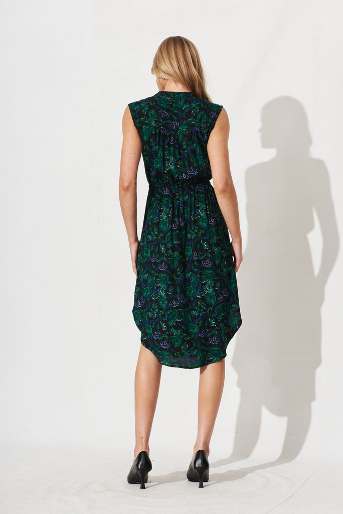 Shire Zip Dress In Emerald With Green And Blue Floral - back