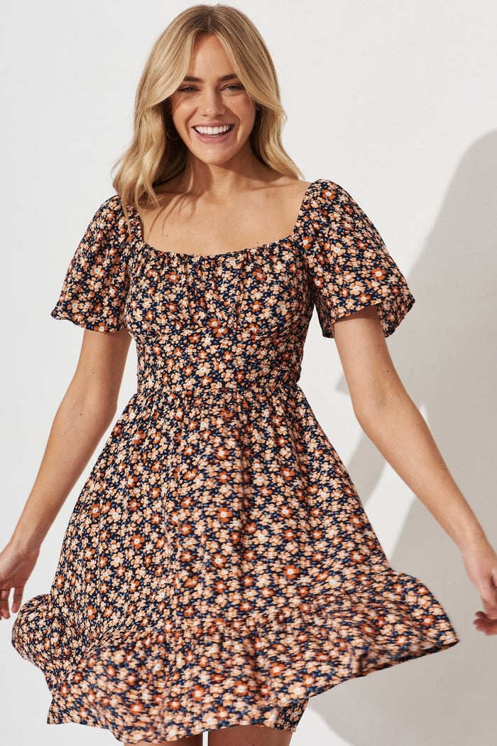 Caudalie Dress In Navy With Orange Ditsy Floral - St Frock (Dev)