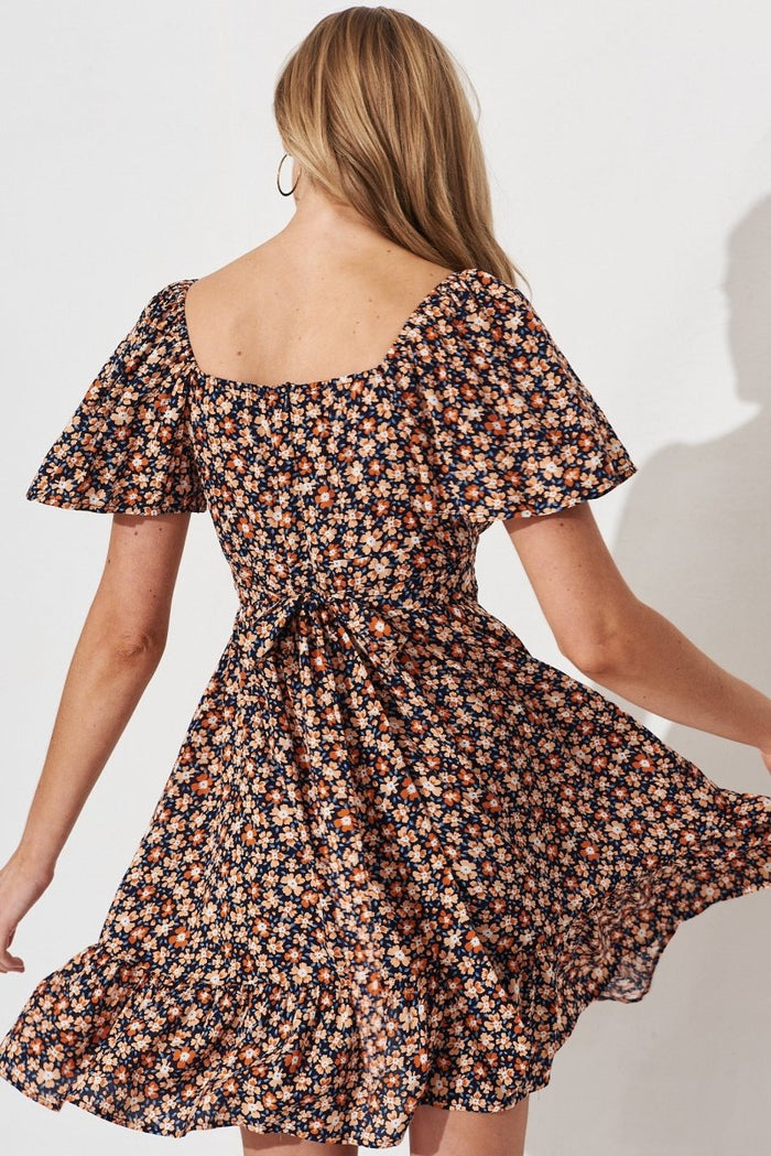 Caudalie Dress In Navy With Orange Ditsy Floral - St Frock (Dev)
