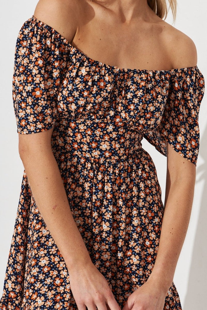 Caudalie Dress In Navy With Orange Ditsy Floral - St Frock (Dev)