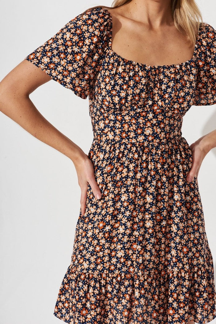 Caudalie Dress In Navy With Orange Ditsy Floral - St Frock (Dev)