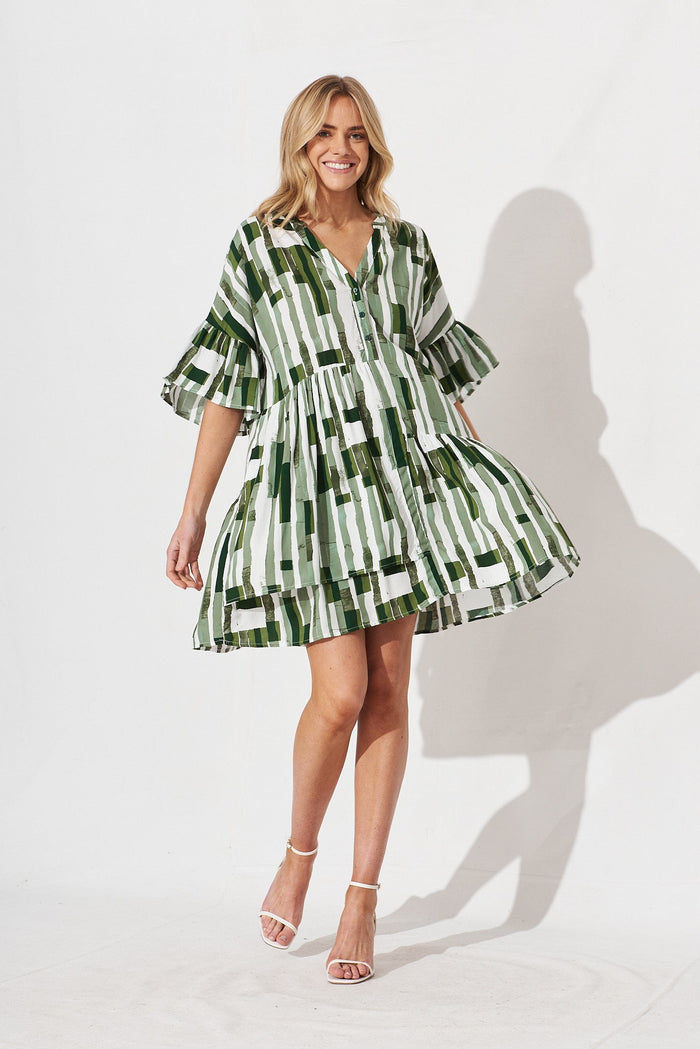 Rasta Smock Dress In Green With White Print - full length