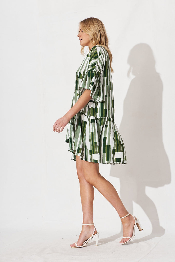 Rasta Smock Dress In Green With White Print - side