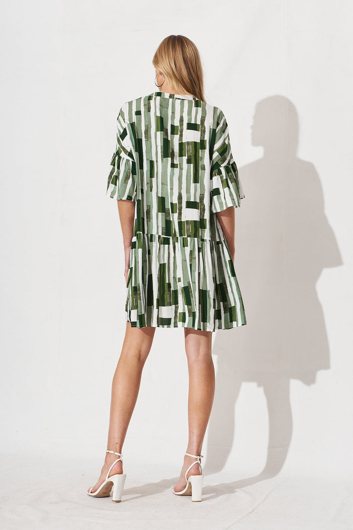 Rasta Smock Dress In Green With White Print - back